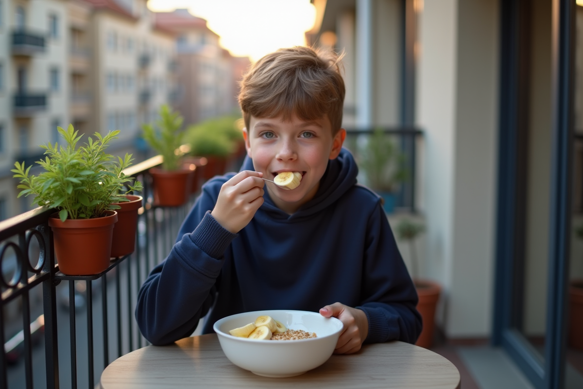 Adolescent dégustant un bol de flocons banane en extérieur