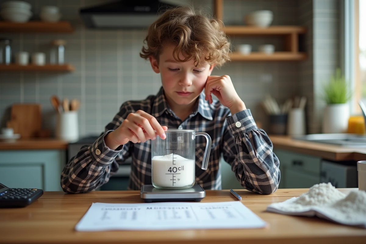 Adolescent pesant du sucre dans une cuisine chaleureuse