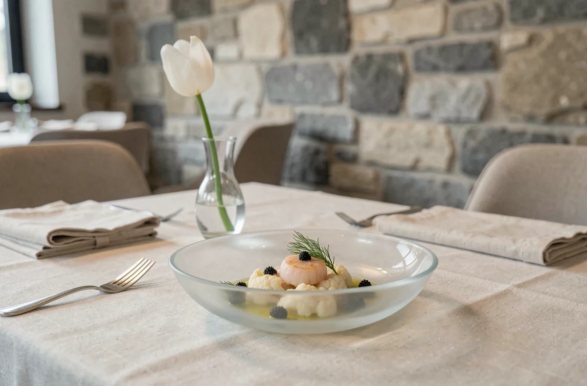 Plat de Saint-Jacques pochée au caviar et crème de chou-fleur dans un bol en porcelaine translucide au restaurant Alcôve à Vinay