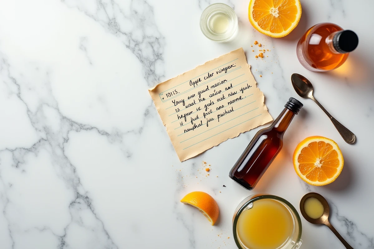 Ingrédients alternatifs à l'alcool 90 disposés en flat lay sur marbre blanc pour préparations maison