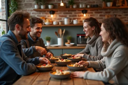 Groupe d'amis d&eacute;gustant une carbonnade flamande chaleureuse