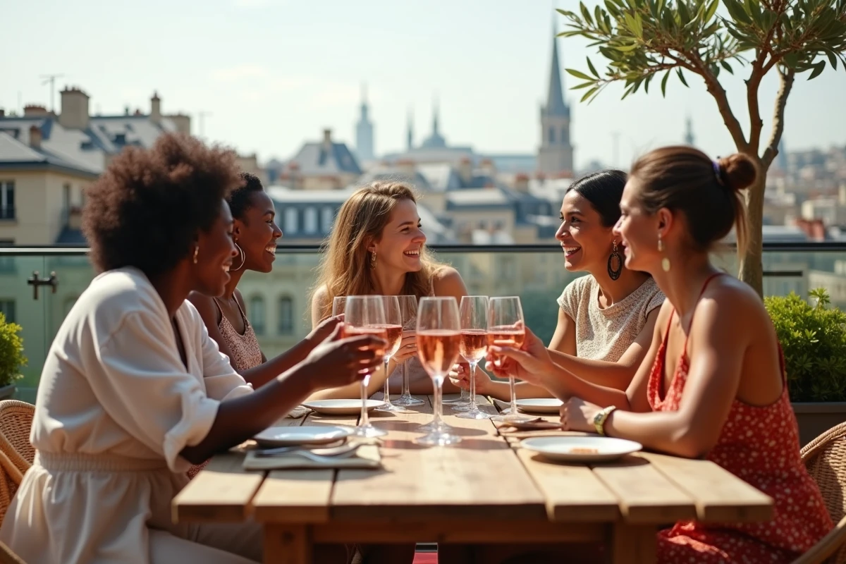 Groupe d amis riant autour d une table sur un rooftop