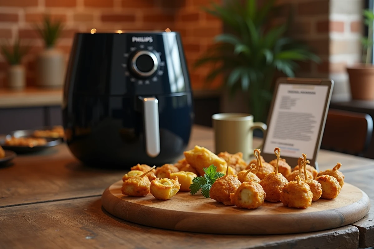 Plateau d'apéritifs dorés préparés à l'airfryer Philips disposés sur une planche en bois avec fiche recette sur table de salle à manger rustique