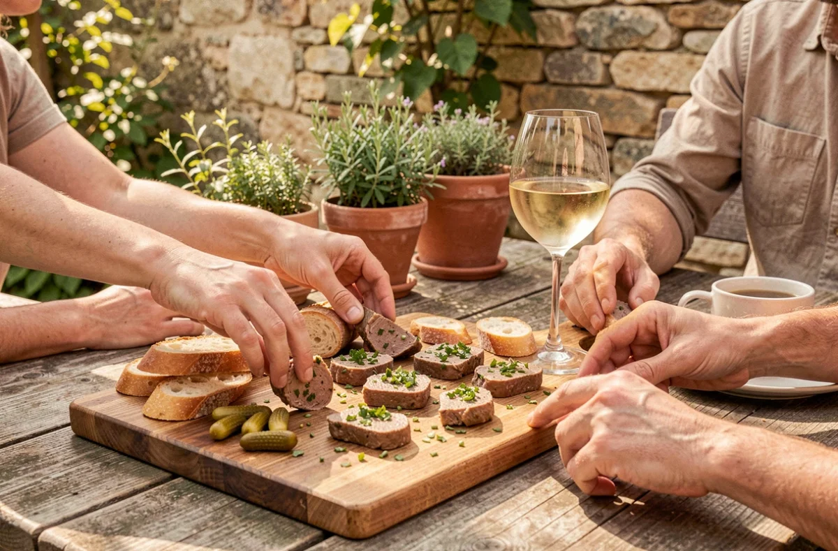 Plateau apéro rustique avec couilles de mouton en persillade, baguette et cornichons sur une terrasse de campagne française