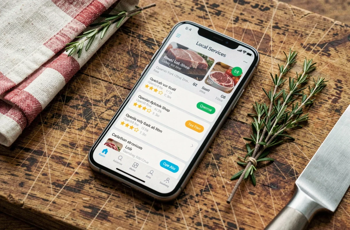 Application mobile de recherche de boucherie ouverte affichée sur smartphone posé sur un billot de bois avec accessoires de boucherie