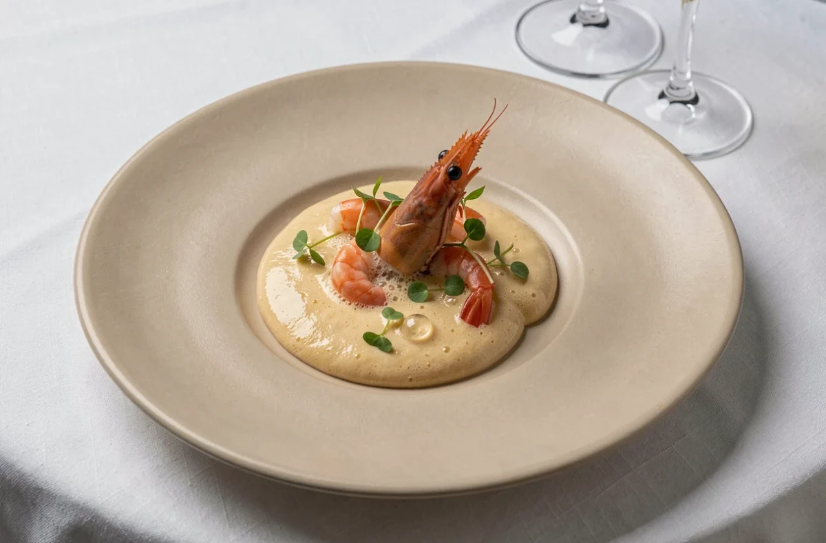 Assiette gastronomique raffinée de langoustine en gelée de champagne et mousse de bisque dressée sur porcelaine mate à l'Assiette Champenoise de Reims