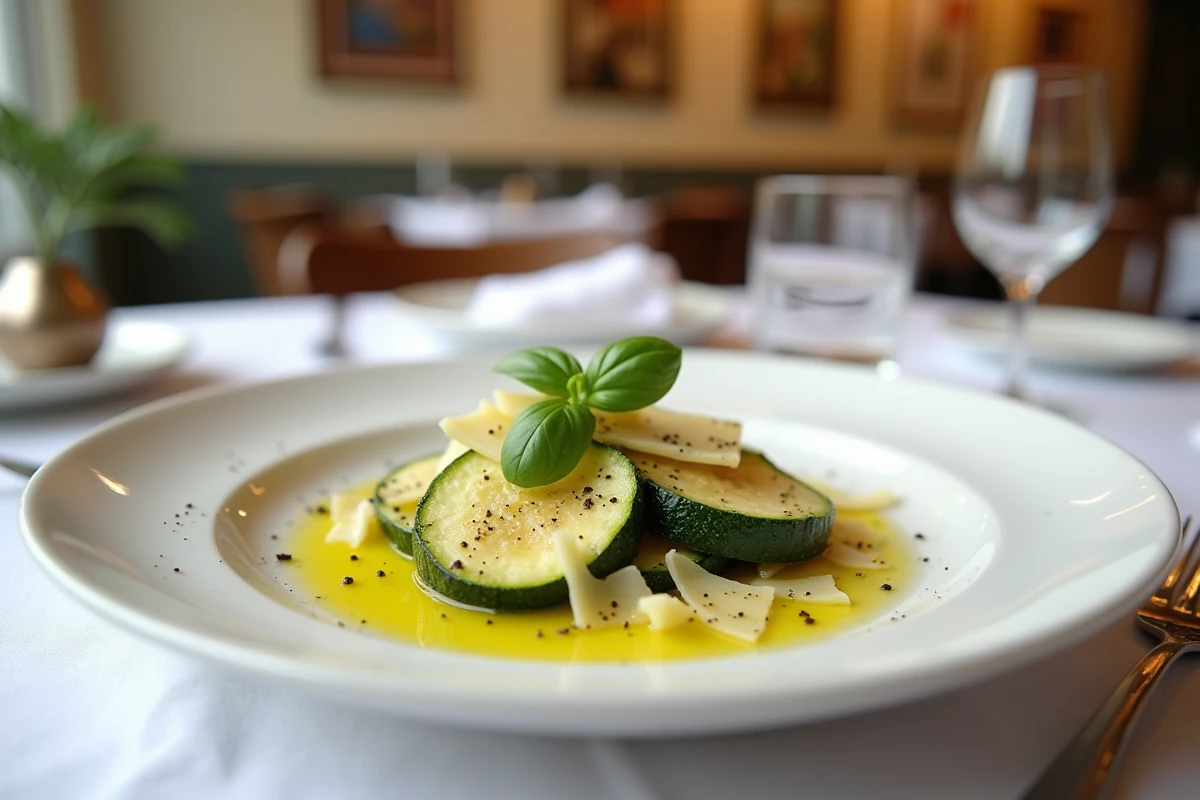 Assiette de courgettes sautées façon bistrot parisien avec copeaux de parmesan et huile d'olive sur nappe blanche en restaurant