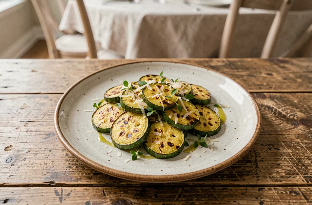 Assiette de courgettes poêlées dorées garnies de parmesan et herbes fraîches pour enfants