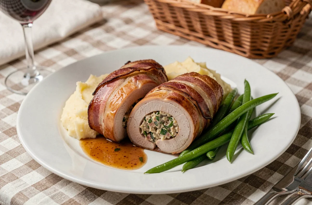 Assiette de paupiettes de porc au four tranchées avec farce aux herbes, purée de pommes de terre et haricots verts sur une table de dîner familial