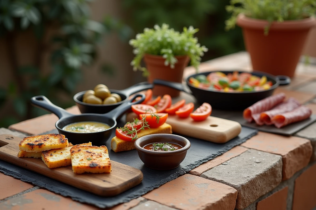 Assortiment d'accompagnements pour barbecue sur comptoir en pierre : halloumi grillé, bruschetta, sauce chimichurri et charcuterie disposés sur des planches en bois