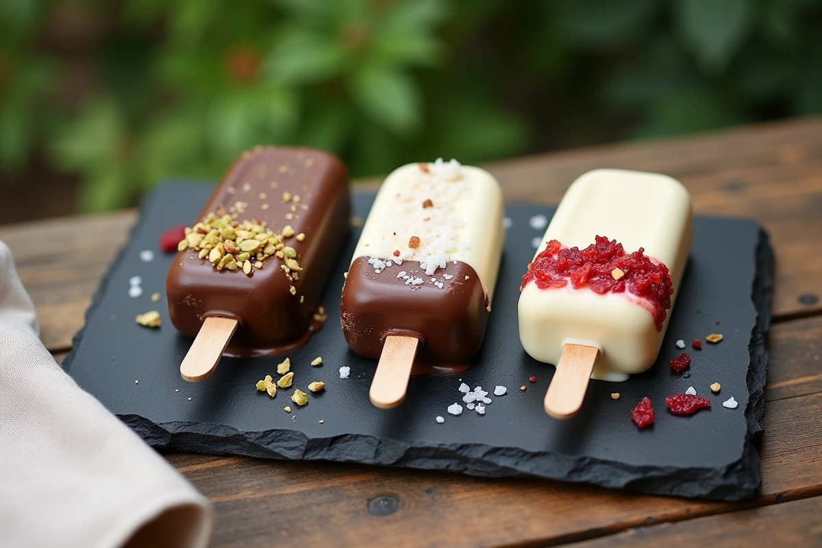 Trois glaces Magnum maison aux enrobages variés chocolat noir pistache, lait sel et blanc fraise sur ardoise rustique en extérieur
