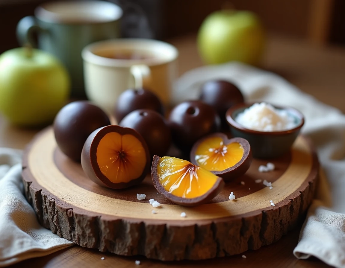 Assortiment de pâtes de fruit à la pomme enrobées de chocolat noir coupées en deux sur planche en bois rustique avec fleur de sel