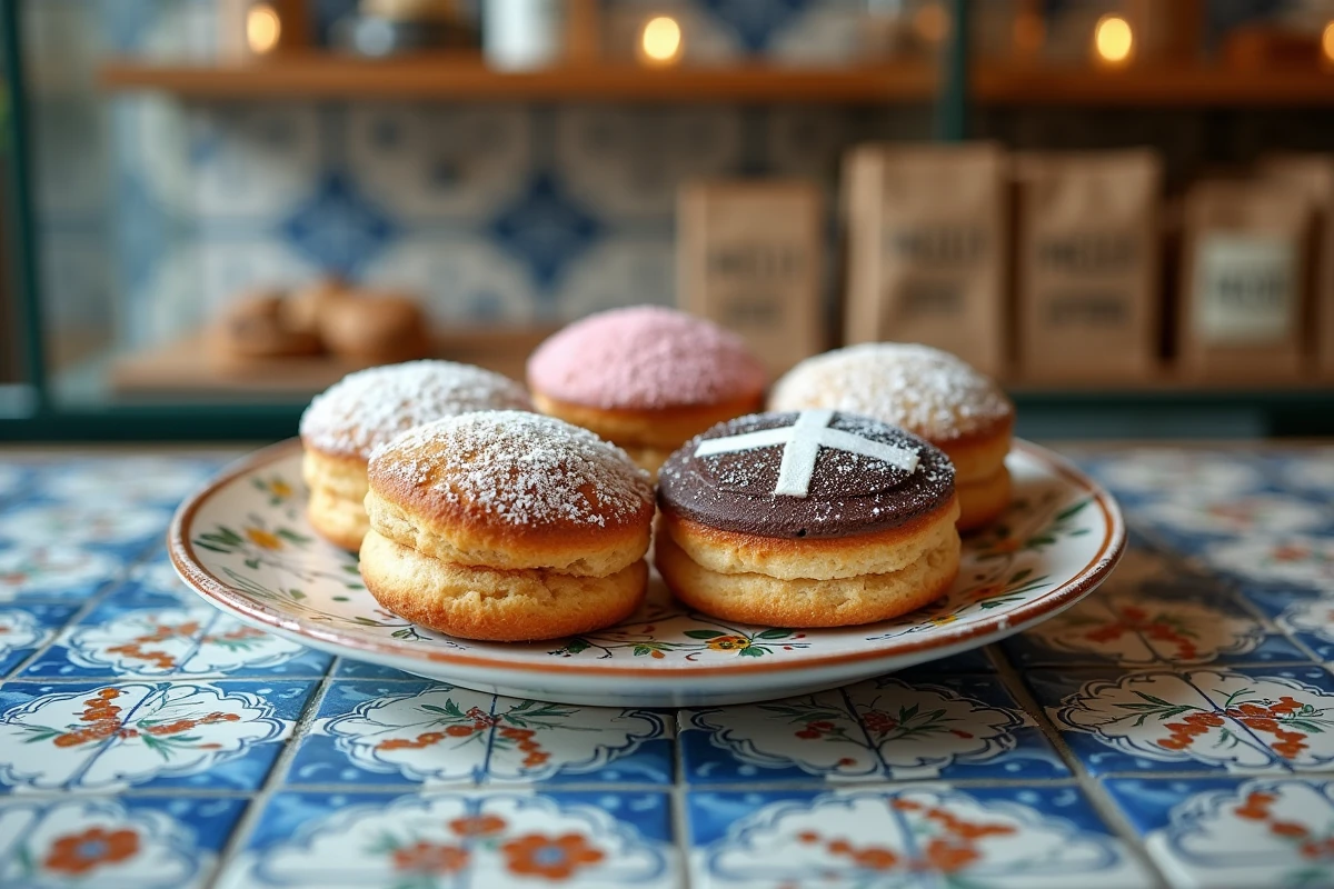 Assortiment de pâtisseries espagnoles sans gluten sur un plat en céramique peinte dans une boulangerie méditerranéenne traditionnelle