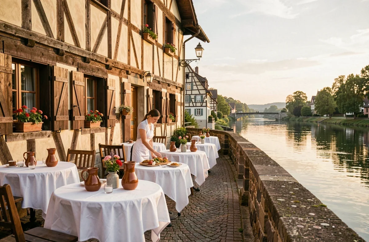 Façade à colombages et terrasse au bord de la Sarre de l'Auberge Saint-Walfrid à Sarreguemines avec tables dressées en lin blanc