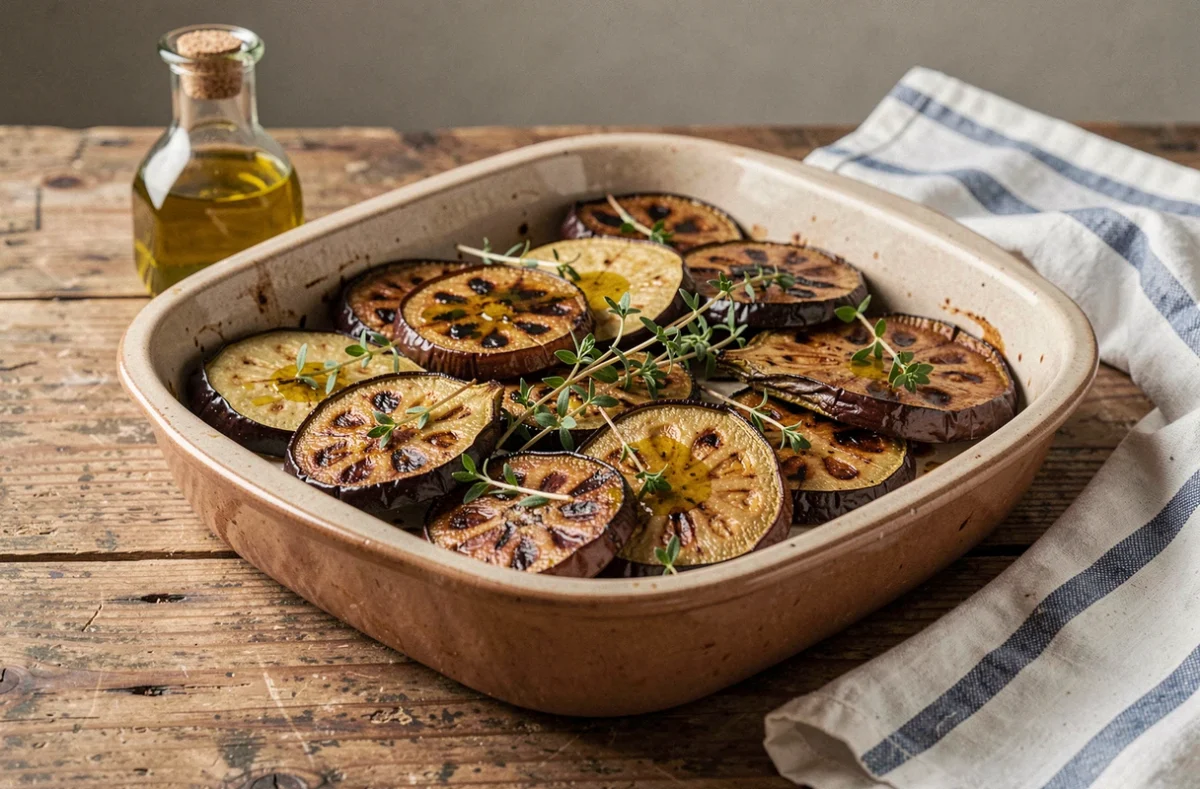 Plat d'aubergines rôties dorées avec du thym frais dans un plat en céramique rustique