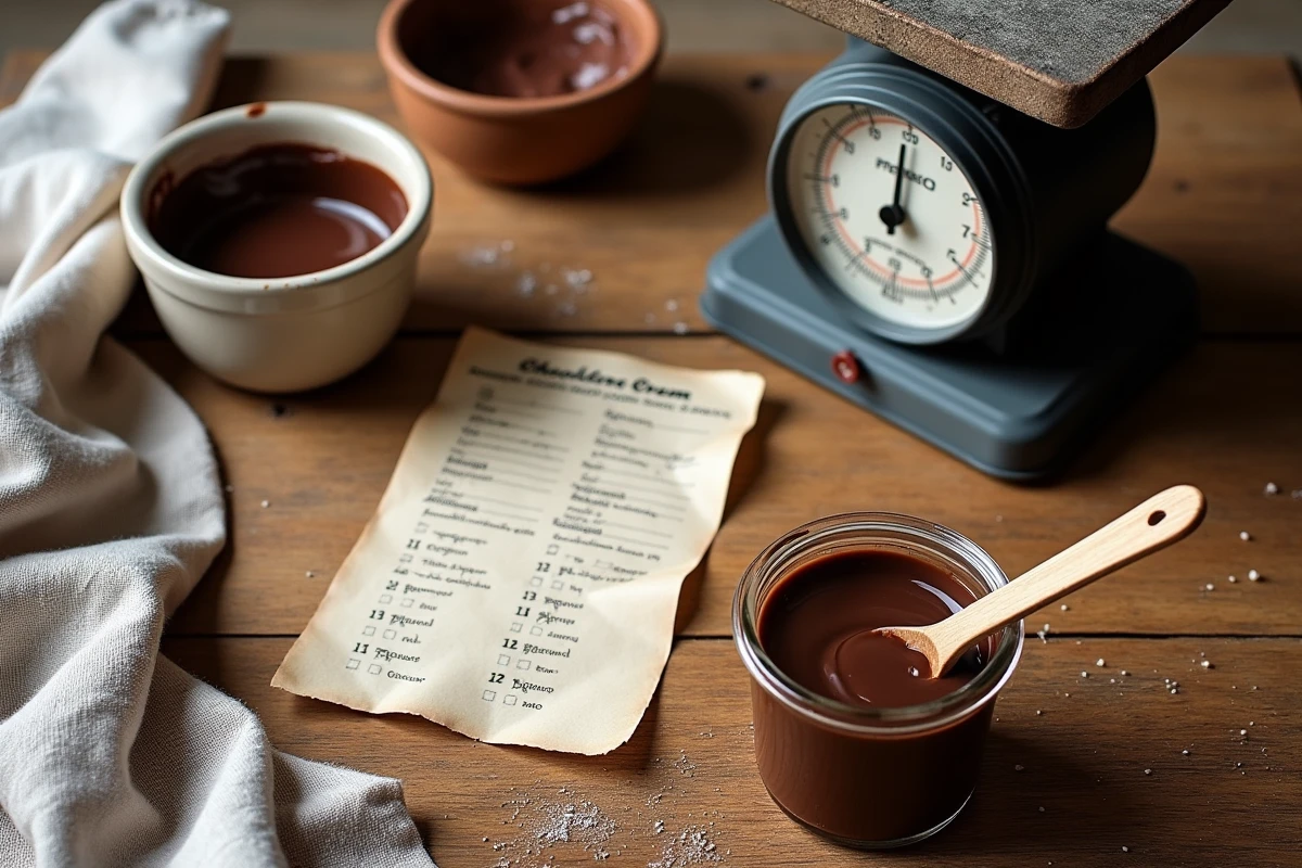 Vue aérienne d'une balance de cuisine avec crème au chocolat épaisse et tableau de conversion grammes en litres pour préparations culinaires