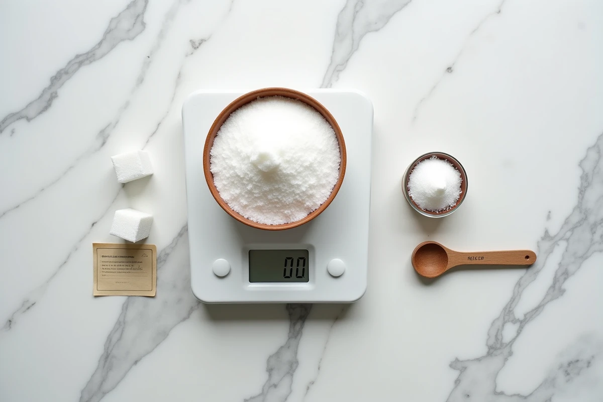 Balance de cuisine avec un morceau de sucre et du sucre en poudre pesés côte à côte sur un plan de travail en marbre blanc