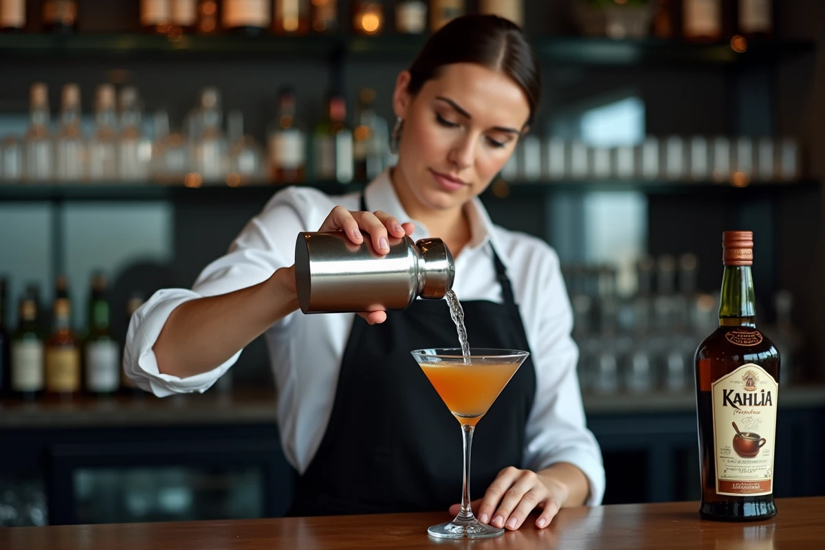 Bartenderesse versant un espresso martini depuis un shaker argenté dans un verre à cocktail, bouteille de Kahlúa visible en arrière-plan