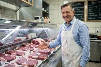 Boucher professionnel derrière son comptoir présentant des pièces de viande dans une boucherie traditionnelle