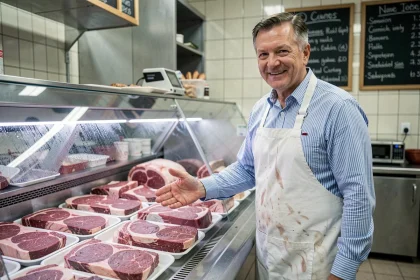Boucher professionnel derrière son comptoir présentant des pièces de viande dans une boucherie traditionnelle