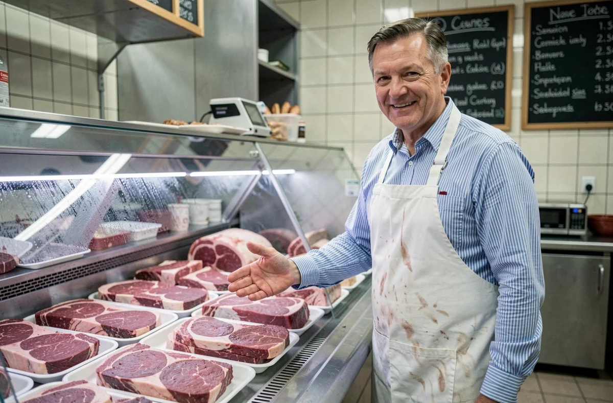 Boucher professionnel derrière son comptoir présentant des pièces de viande dans une boucherie traditionnelle
