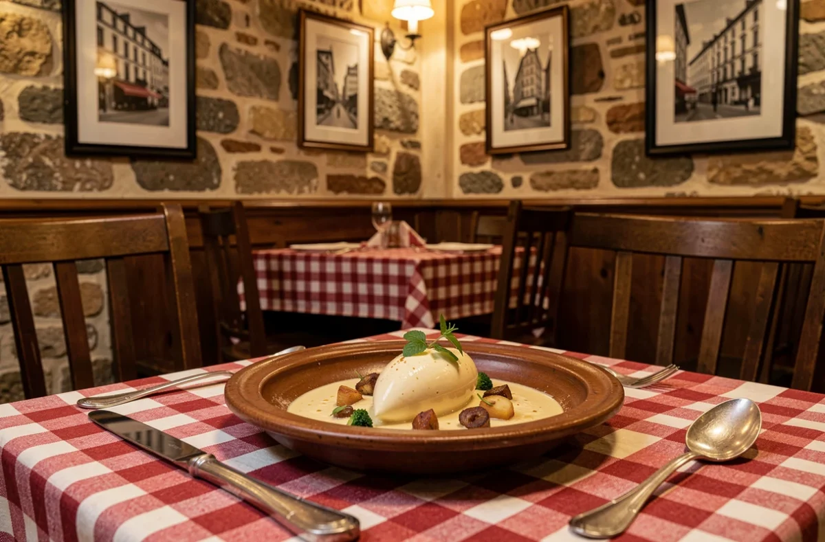Quenelle de brochet sauce Nantua dressée avec finesse dans un décor de bouchon lyonnais traditionnel chez Bouchon Tupin