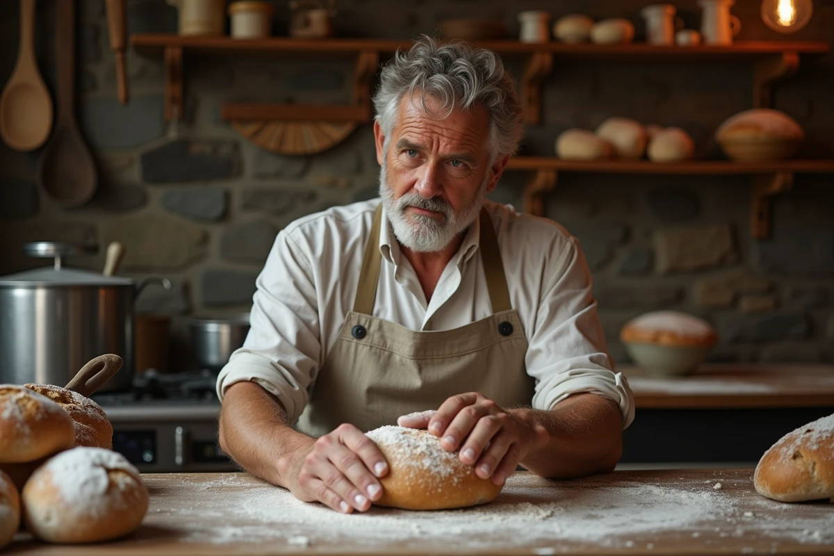 Boulanger en tablier façonnant un pain rustique dans la boulangerie