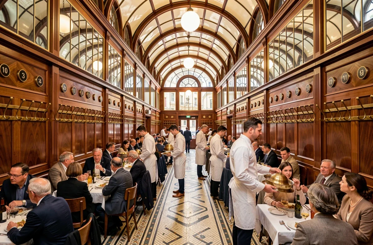 Grande salle Art Déco emblématique de la Brasserie Georges à Lyon avec ses serveurs en tablier blanc et son décor historique