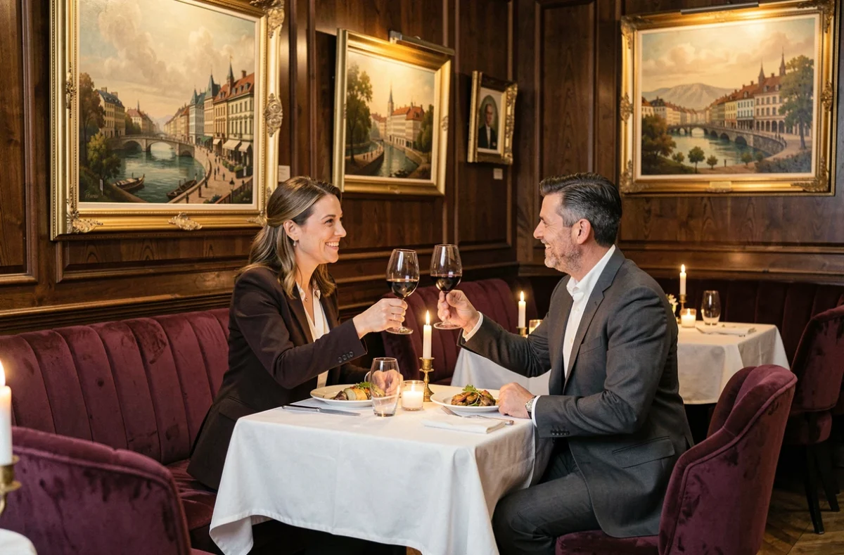Couple élégant trinquant dans l'atmosphère chaleureuse et chic du bouchon Le Café du Peintre dans le Rhône