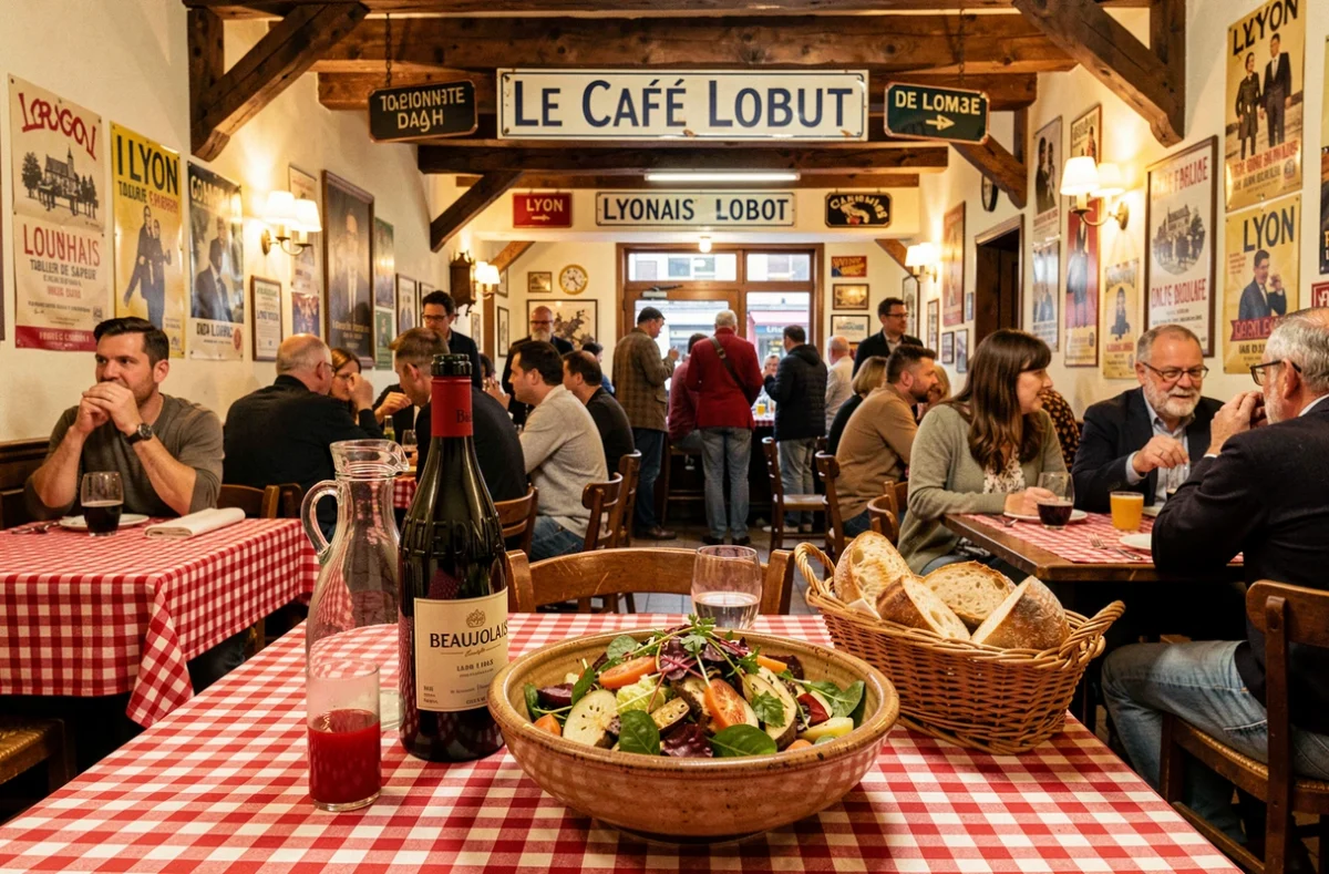 Plat typique de bouchon lyonnais avec carafe de Beaujolais dans l'ambiance conviviale du Café Lobut à Lyon