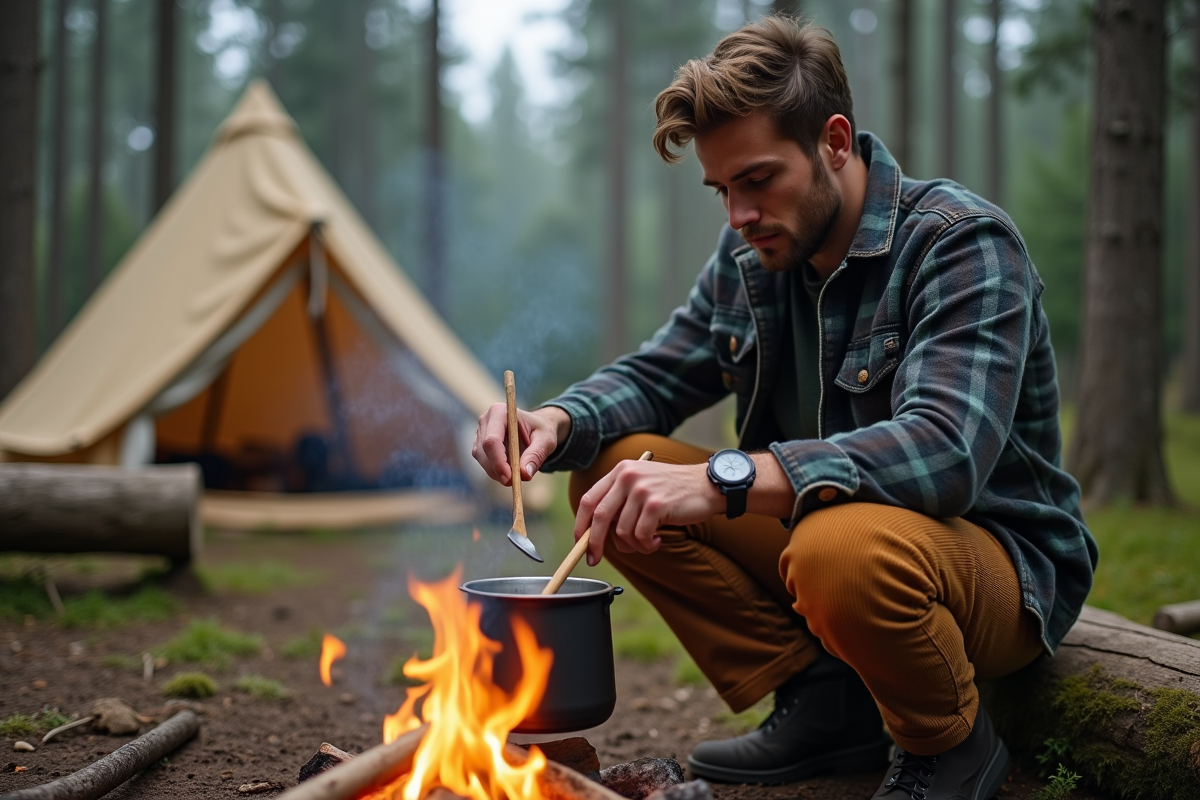 Jeune homme préparant du café au feu de camp en pleine nature