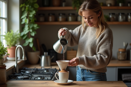 Femme versant de l'eau sur un café filtre dans une cuisine chaleureuse