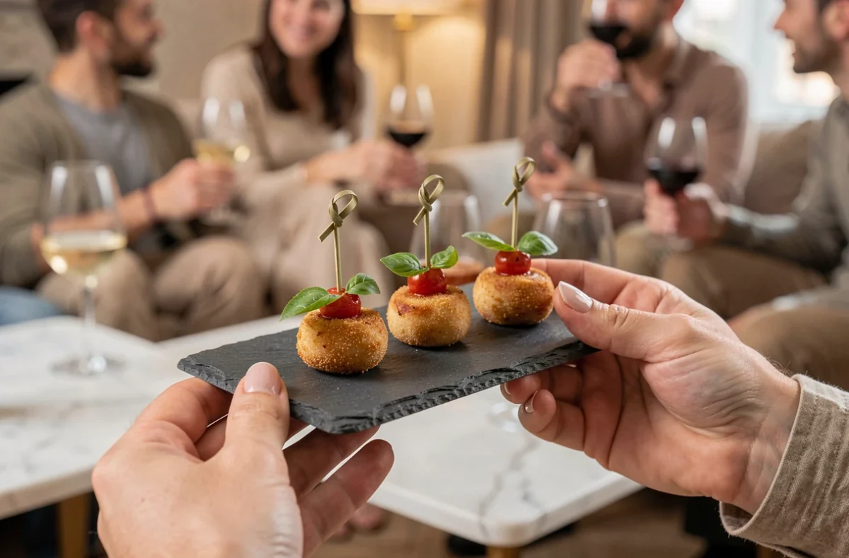 Mains présentant des mini caillettes sur ardoise avec piques apéritif, tomates cerises rôties et basilic frais lors d'un apéritif entre amis