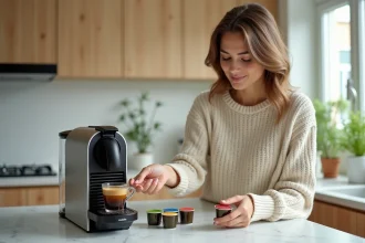 Femme insérant une capsule compatible Nespresso dans une machine à café moderne dans une cuisine épurée