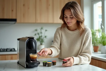 Femme insérant une capsule compatible Nespresso dans une machine à café moderne dans une cuisine épurée
