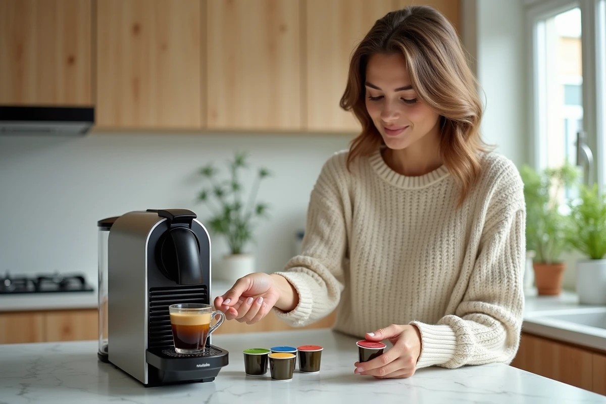 Femme insérant une capsule compatible Nespresso dans une machine à café moderne dans une cuisine épurée