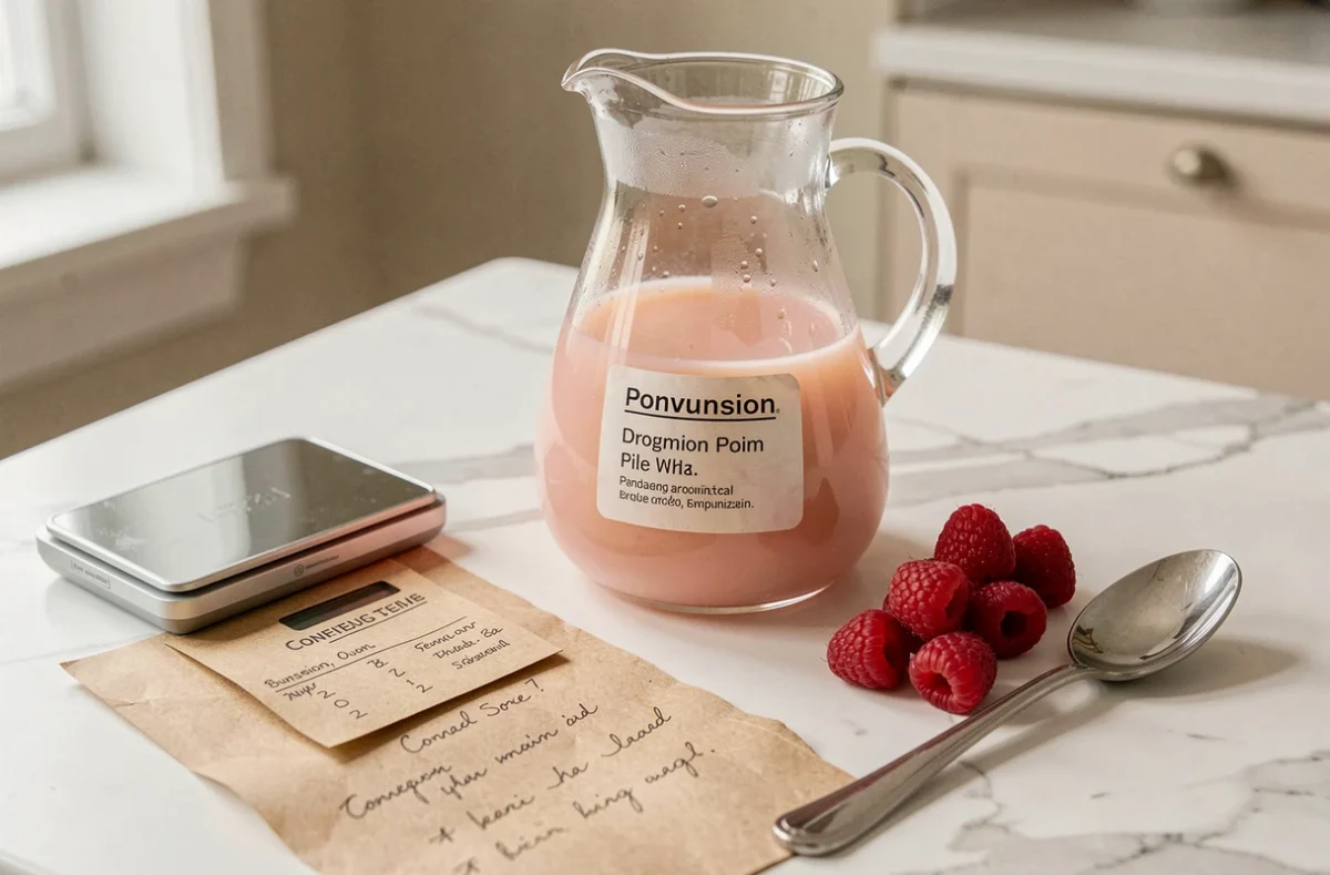 Vue de dessus d'une carafe de boisson rosée entourée d'une balance numérique et d'une fiche de conversion grammes centilitres sur marbre blanc