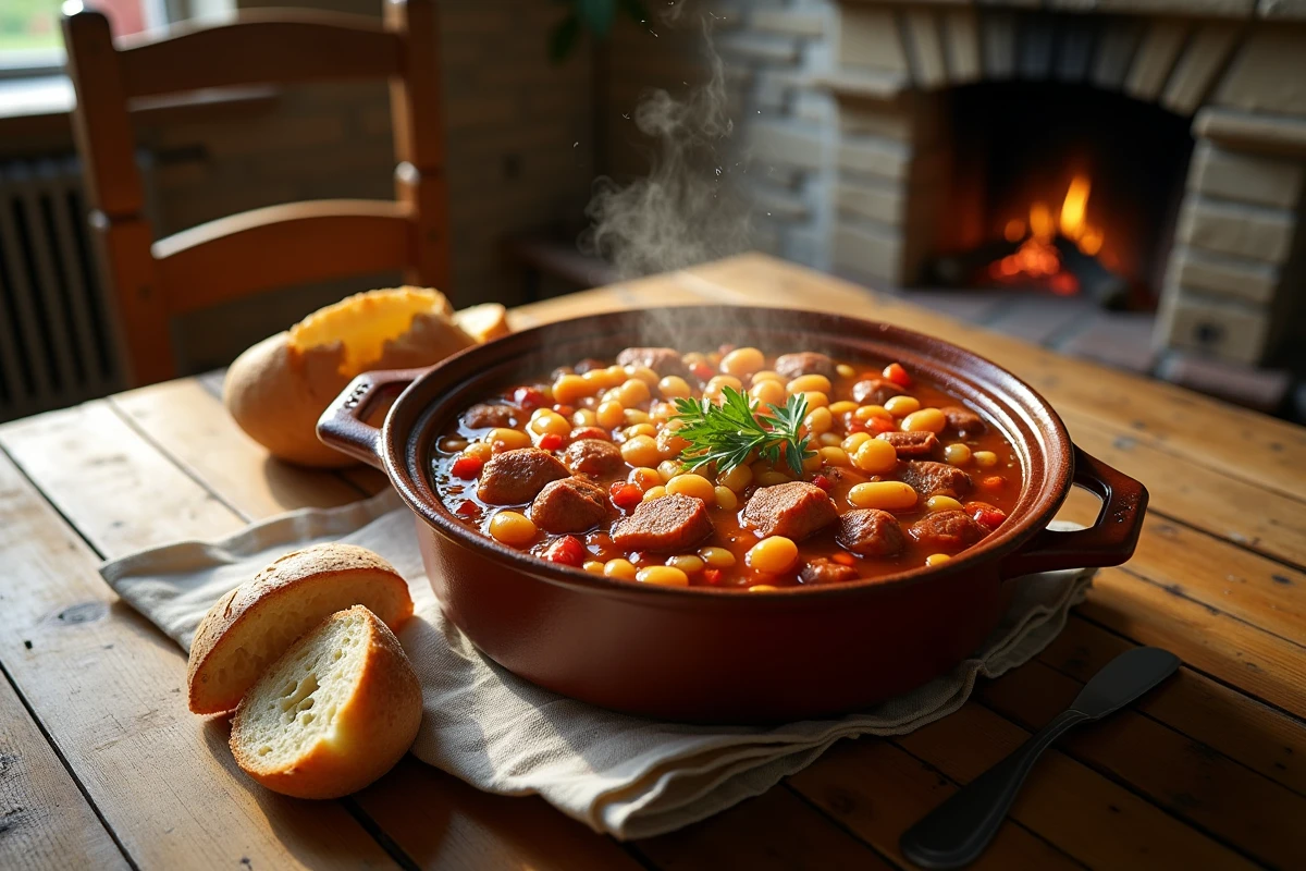 Cassoulet toulousain chaud sur une table en bois avec pain