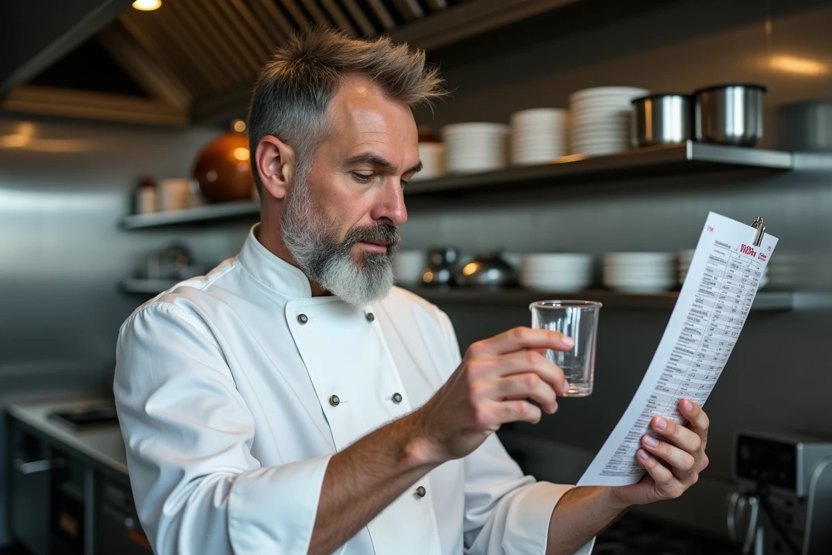 Chef cuisinier en veste blanche vérifiant la graduation 10ml d'un bécher dans une cuisine professionnelle avec tableau de conversion en centilitres