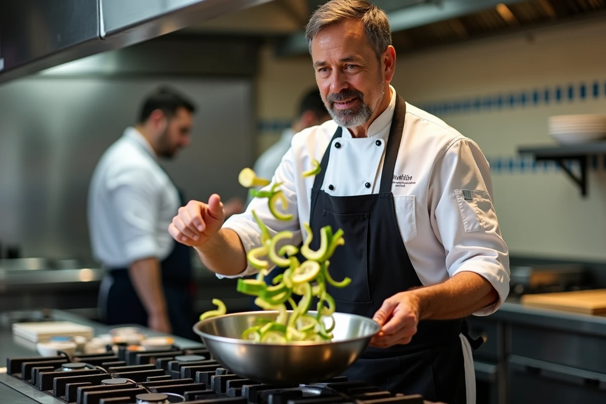 Chef cuisinier en veste blanche faisant sauter des courgettes en rondelles dans une poêle professionnelle en cuisine de restaurant