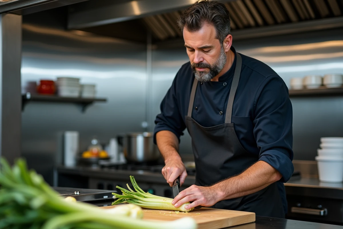 Chef professionnel découpant des poireaux en julienne dans une cuisine professionnelle moderne