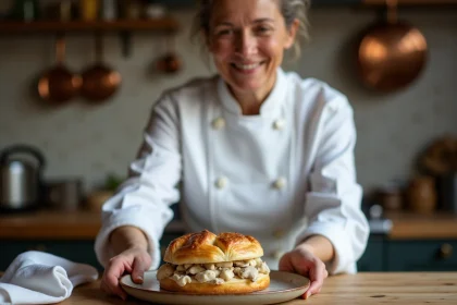 Femme en cuisine pr&eacute;parant une bouch&eacute;e &agrave; la reine