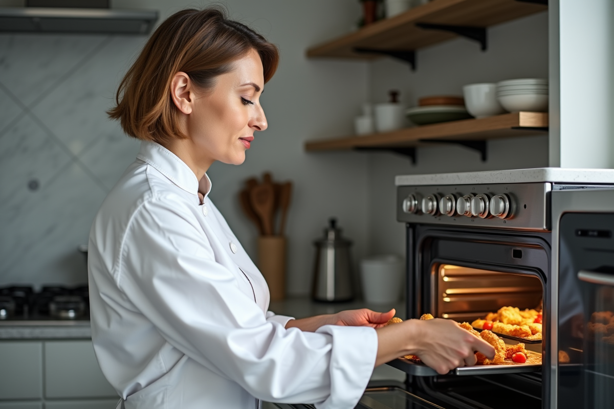 Femme chef en cuisine moderne vérifiant un four à convection