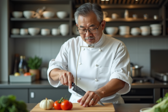 Chef japonais en veste blanche avec couteau traditionnel
