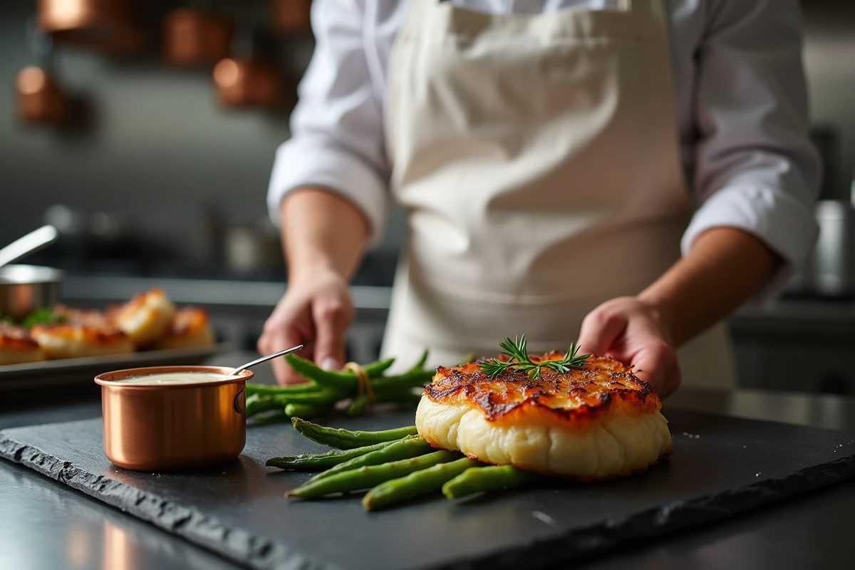 Chef déposant une paupiette de veau dorée sur une planche en ardoise avec sauce aux champignons