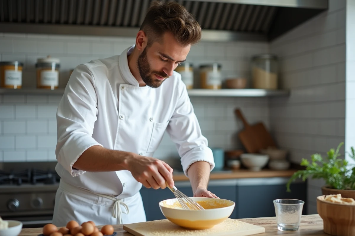 Chef pâtissier préparant une pâte à gâteau espagnol sans gluten aux noisettes dans une cuisine professionnelle moderne