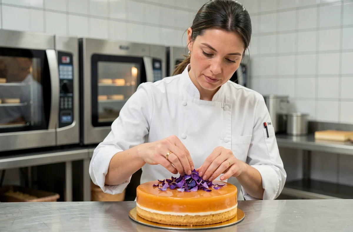 Cheffe pâtissière appliquant des décors en sucre et pétales de violettes cristallisées sur un pain de Gênes glacé à l'abricot dans une cuisine professionnelle