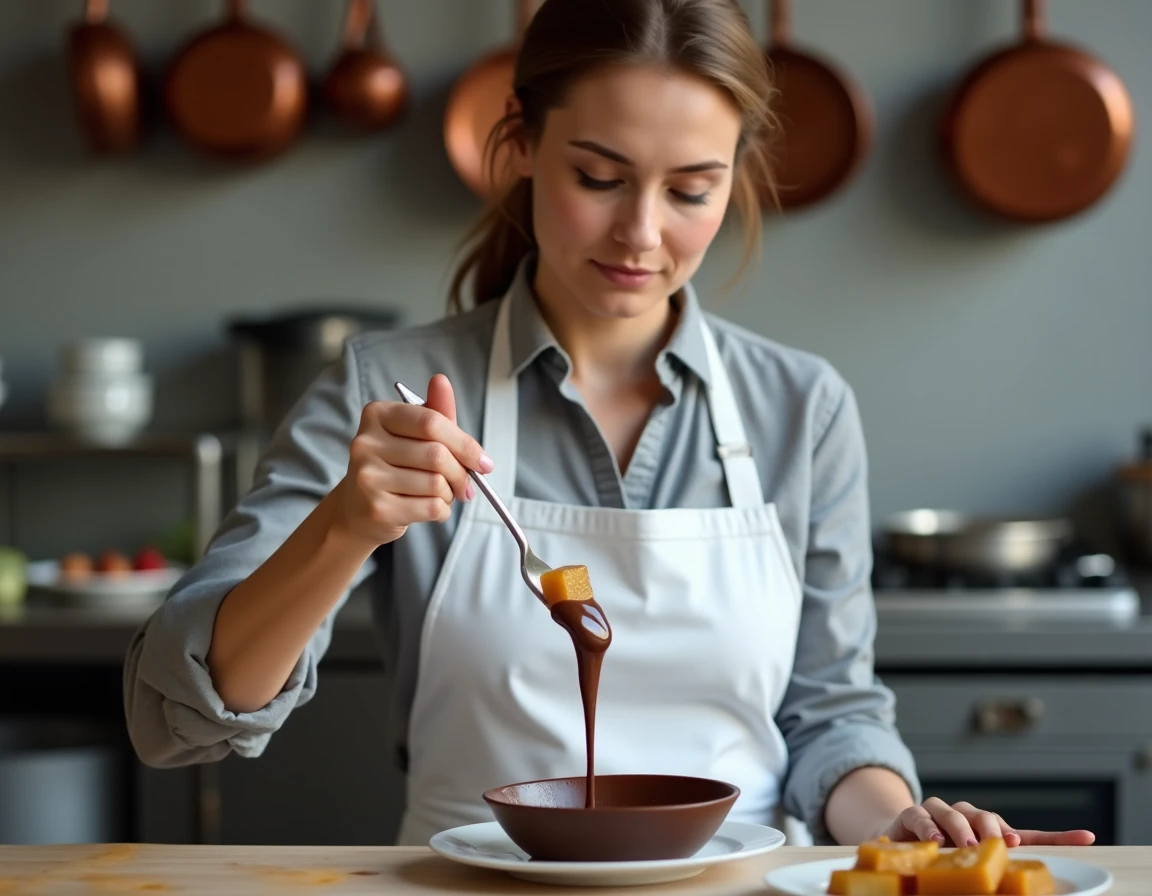 Cheffe pâtissière enrobant une pâte de fruit à la pomme dans du chocolat noir fondu en cuisine professionnelle