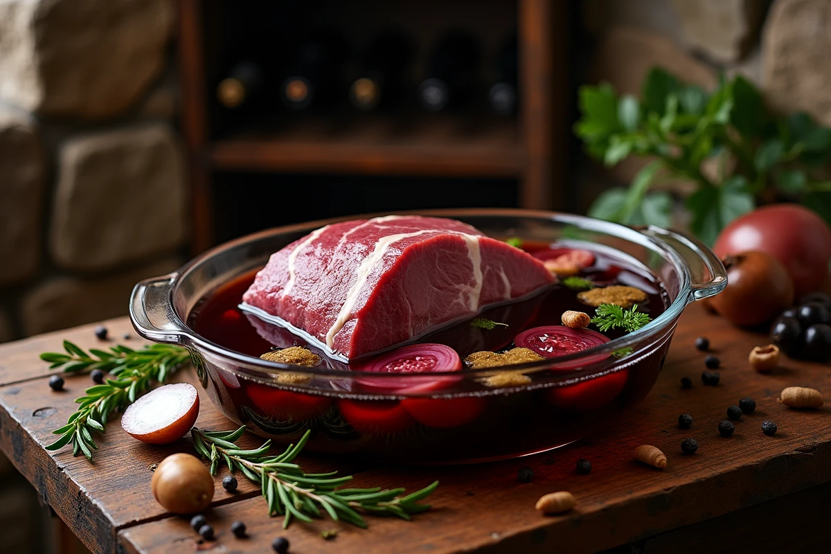 Gigot de chevreuil marinant dans un plat en verre avec du vin rouge, des herbes et des épices dans une cave en pierre