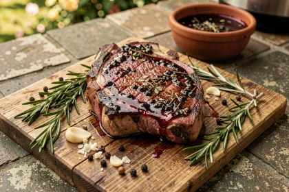 Steaks de chevreuil marinés aux herbes et au vin rouge sur une planche en bois rustique, entourés de romarin frais et d'ail écrasé, prêts pour le barbecue